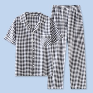夏季 长裤 男士 纯棉短袖 休闲宽松 家居服日系格子薄款 系扣睡衣W套装