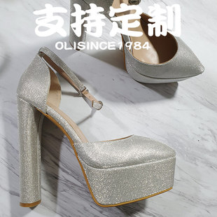 15CM粗跟银色亮片凉鞋真皮32码33码旗袍礼服晚装走秀高跟鞋防水台