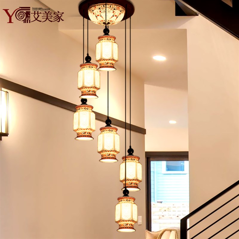 现代中式楼梯长吊灯复式楼楼梯吊灯别墅楼梯旋Q转式吊灯陶瓷大吊