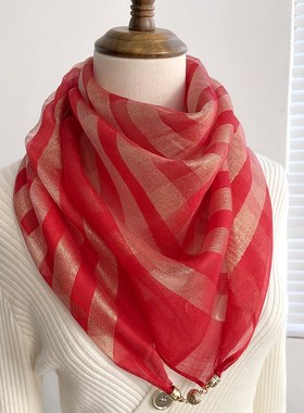 红色磁吸扣丝巾女秋冬季高级感20C24新款纱巾大方巾护颈三角小围