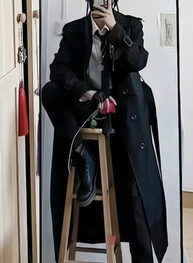 春秋季风衣男英伦风过膝长款帅气白六cos服高级感加肥加大码外套