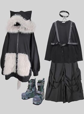 原宿DEORART暗黑朋克动漫COS猫耳尾巴秋冬卫衣外套开衫男女新