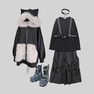 原宿DEORART暗黑朋克动漫COS猫耳尾巴秋冬卫衣外套开衫男女新