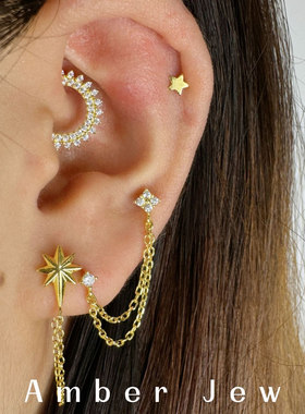 【Amber Jew 】多耳洞搭配耳骨钉简约组合3镀18k金纯银锆石耳饰