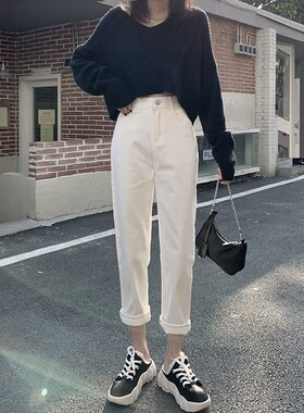 白色直筒九分哈伦牛仔n裤女加绒春秋2025年新款高腰显瘦萝卜老爹