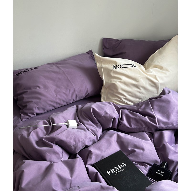 高级感紫色50支全棉磨毛保暖四件套秋冬加厚纯棉简约床.单被套床