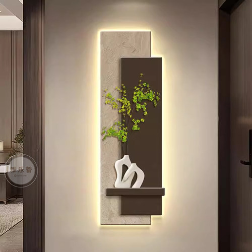 侘寂风玄关装饰画led带灯绿植走廊过H道壁画立体感入户正对门挂画