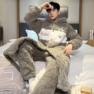 睡衣男士冬季三层加厚夹棉袍套保暖男款冬天家居服外穿大码男棉袄