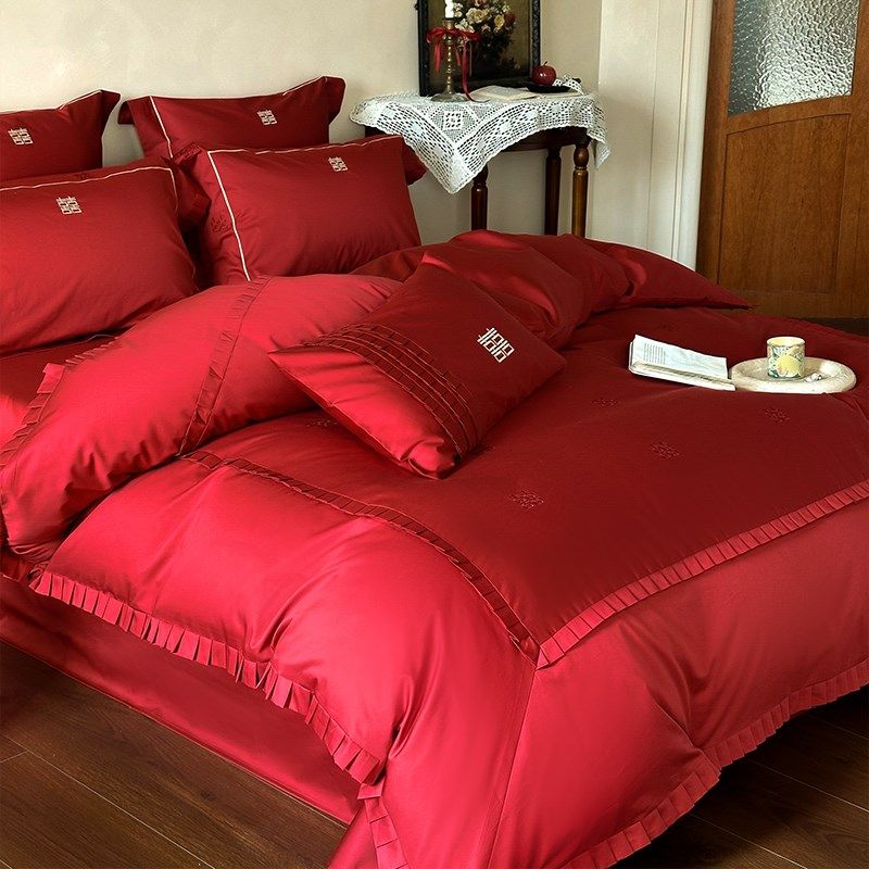 高端法式风d全棉长绒棉酒红色四件套结婚喜庆被套纯棉床单浪漫床,床上用品,婚庆床品套件,淘宝优惠券,粉丝福利购,淘宝优惠卷