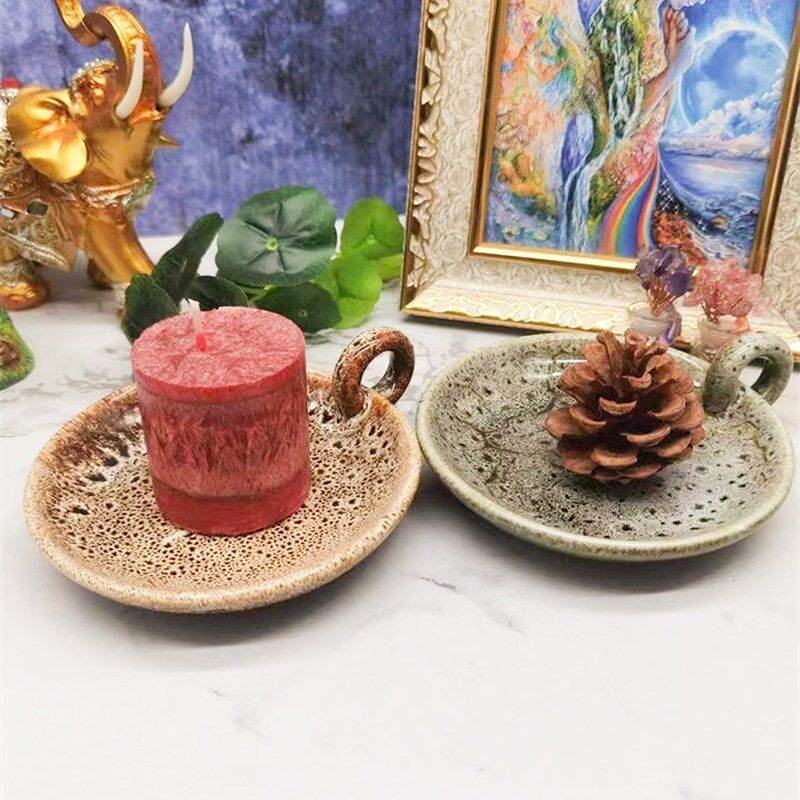 陶瓷简约手柄烛台杯蜡柱状水晶花草收纳盘熏香盘复古摆件装饰