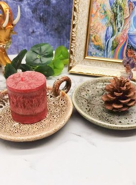 陶瓷简约手柄烛台杯蜡柱状水晶花草收纳盘熏香盘复古摆件装饰