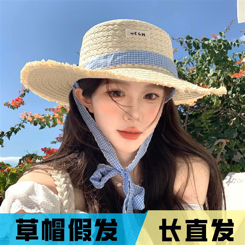 假发帽子一体女夏季新款遮阳防晒飘带草帽中长直发时尚拍照海边图片