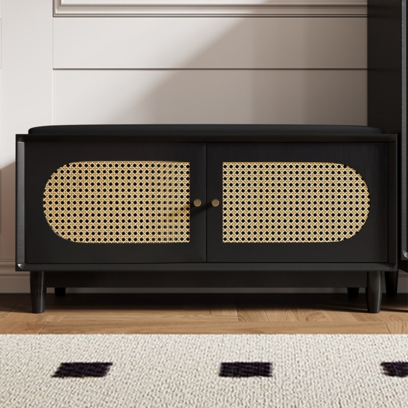 藤编可坐鞋柜换鞋凳一体中古风黑色家用门口收纳小户型入户穿鞋凳