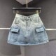 渐变蓝色立体口袋工装 风牛仔短裙女夏装 包臀A字型高腰半身裙子潮