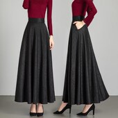 高腰a字大摆跳舞裙大码 秋冬新款 复古黑色暗花半身裙女中长款 长裙