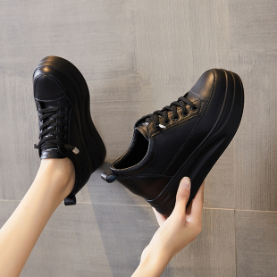 真皮全黑内增高女鞋8cm冬季加绒黑色松糕鞋34码小个子厚底小皮鞋