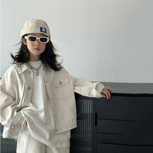 女童牛仔外套白色儿童上衣春装 男童炸街夹克大童洋气百搭 2025新款