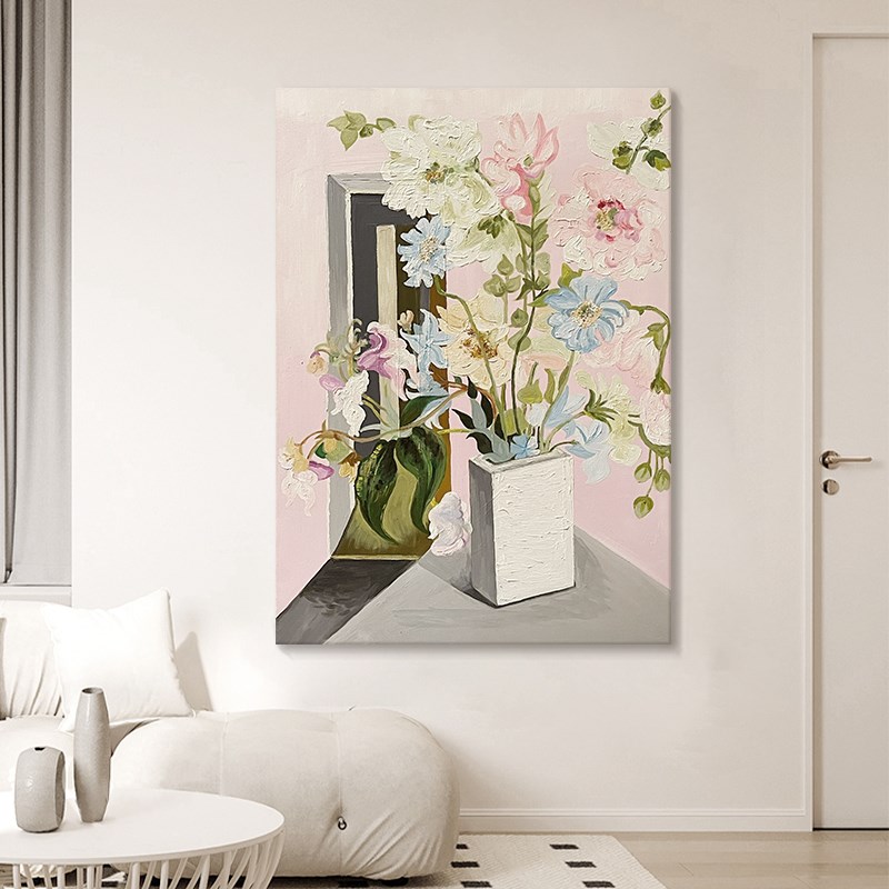 现在简约抽象花卉肌理手绘油画客厅装饰画花瓶静物V儿童房玄关挂图片