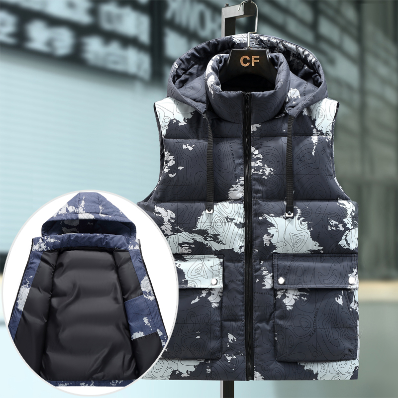 男士加厚马甲秋冬羽绒棉迷彩保暖背心大尺码胖子棉衣马夹可卸帽坎