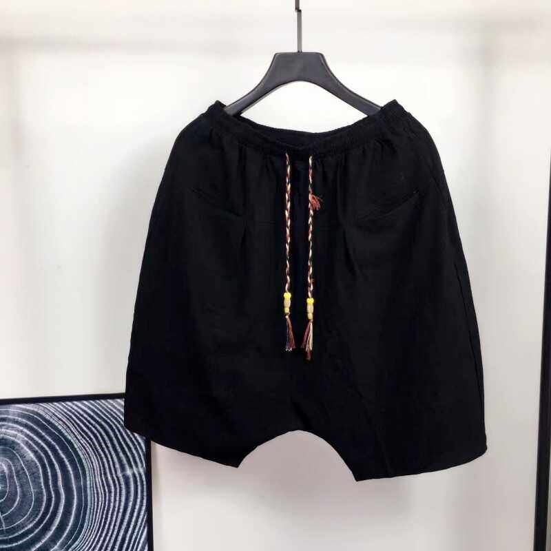 暗黑风美式哈伦亚麻短裤男高级感潮低裆跨裤宽松吊裆五分中裤夏季