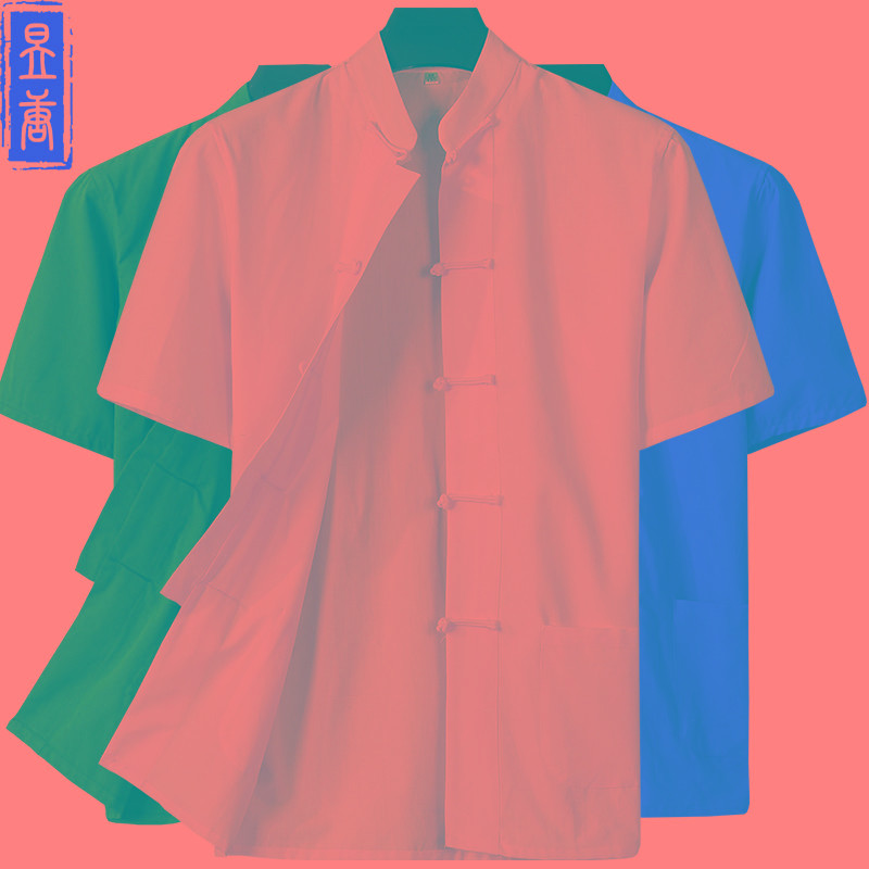 中国风唐装男上衣短袖中老年复古中式立领居士服老粗布纯棉禅服夏