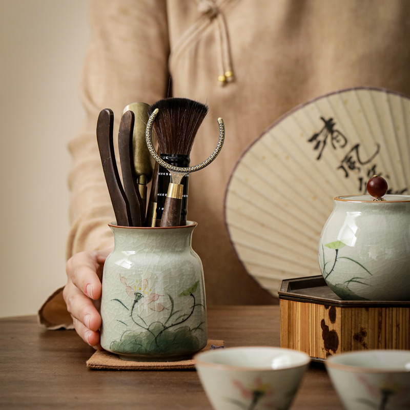 陶瓷六君子套装手绘功夫茶具茶道配件收纳茶筒泡茶专用养壶笔