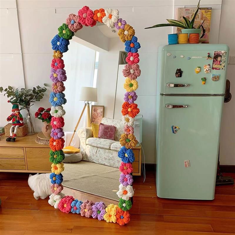 diy泡芙花镜子改造diy材料包边全身镜创意手工落地镜子装饰边