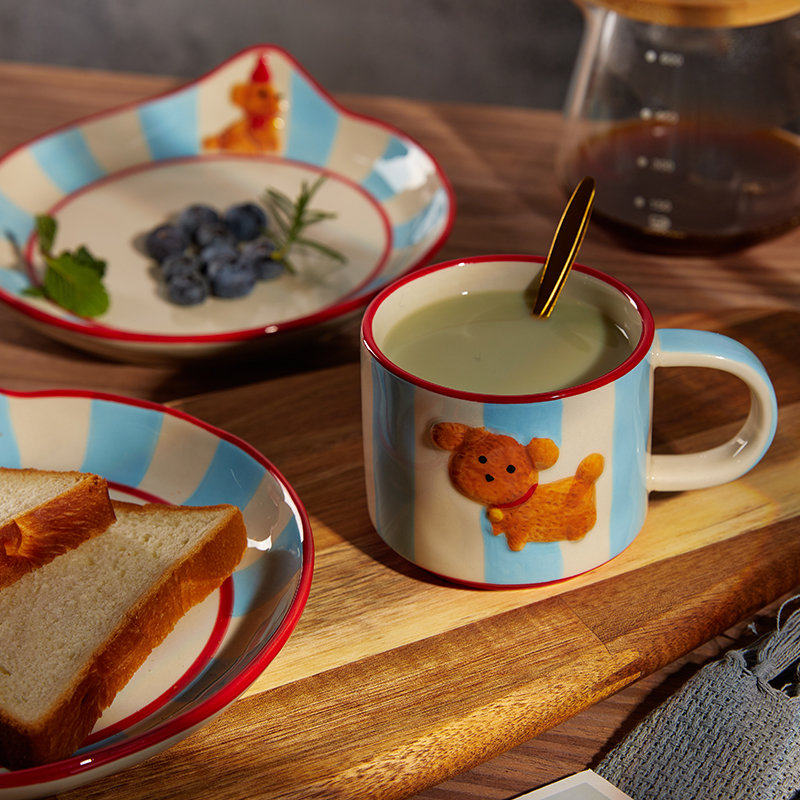 釉下彩浮雕韩式可爱手绘小狗陶瓷马克杯盘礼盒套装女生水杯伴手礼