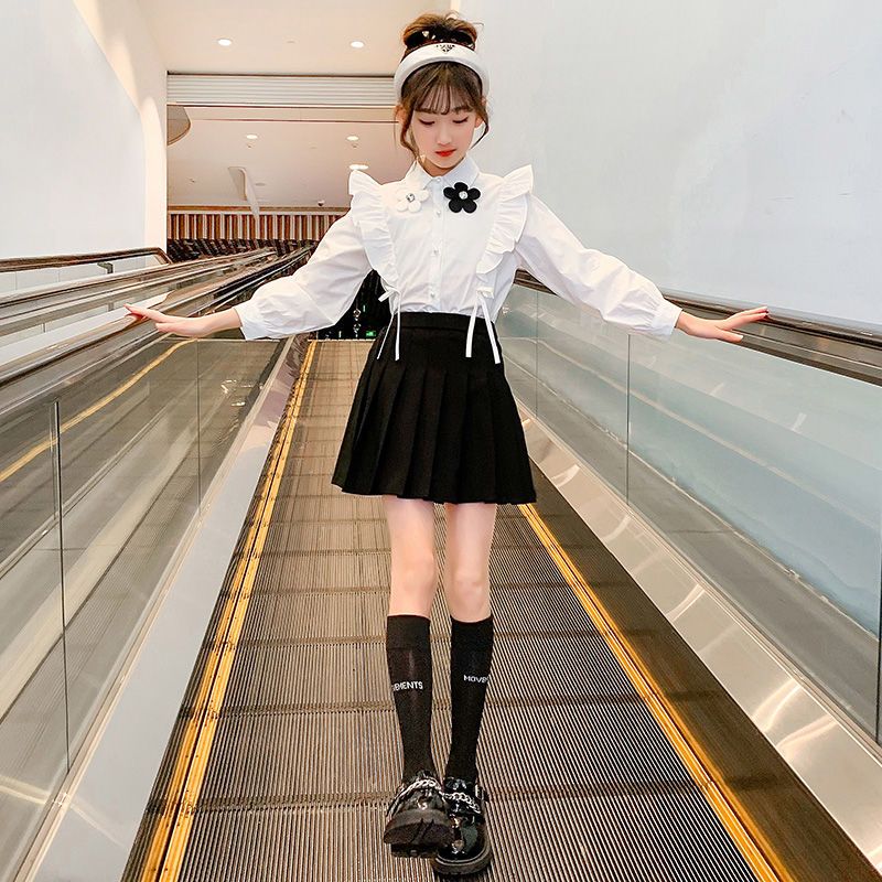 女童套装春秋2023新款网红洋气春装套裙中大童白衬衫百褶裙两件套