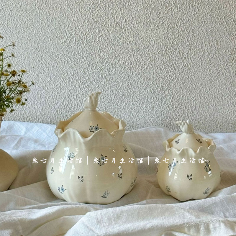 兔七月|陶瓷茶叶罐子奶油色碎花厨房储物罐猪油罐客厅装饰收