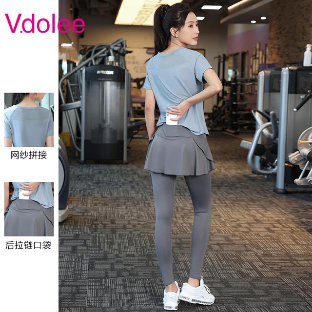 大码跑步瑜伽服高弹速干衣运动套装女网纱健身服装假两件裙裤1210