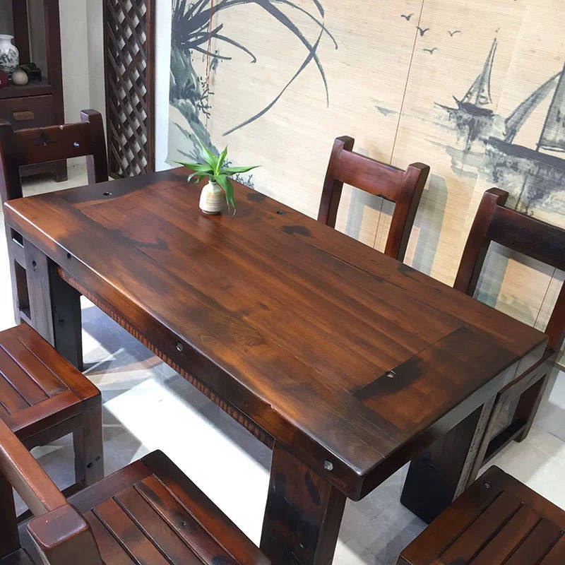 老船木餐桌椅组合实木餐桌家用客厅干泡茶台吃饭桌沉船木一体餐桌