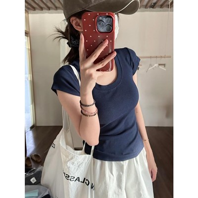 藏蓝色U领短袖T恤女夏季甜辣chic修身正肩显瘦打底衫短款百搭上衣