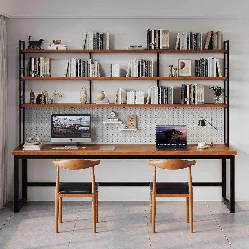 原木书桌书架一体桌家用双人写字台台式电脑桌带洞洞板收纳办