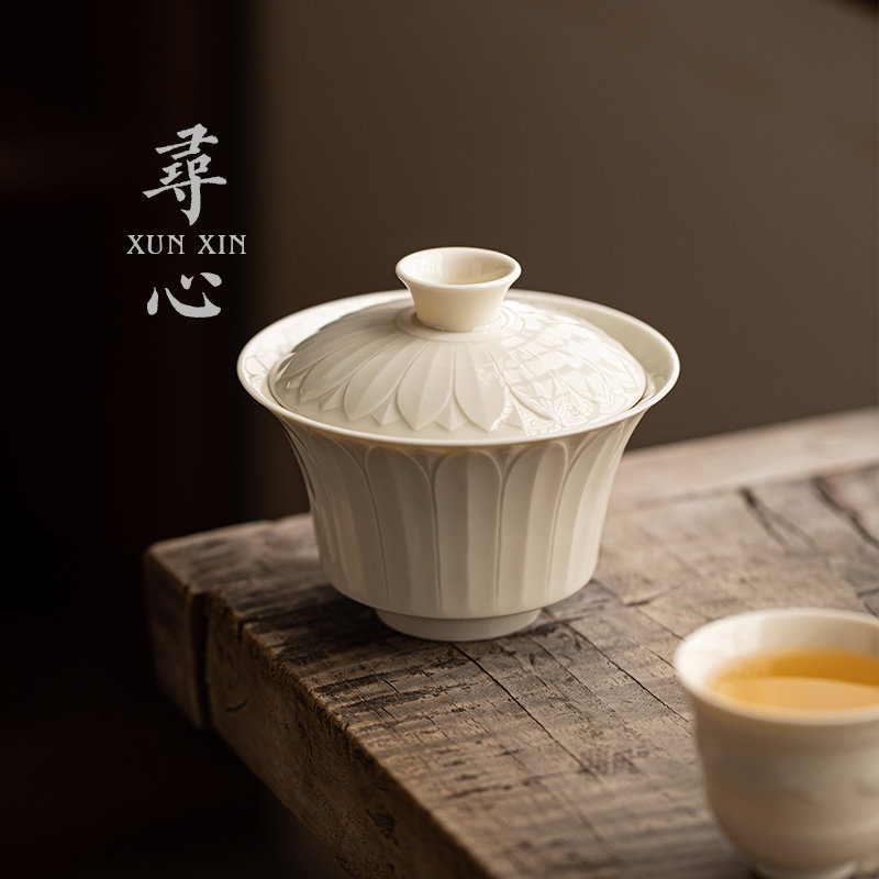 寻心中式定窑白莲瓣大盖碗复古家用不烫手二才手抓泡茶碗功夫