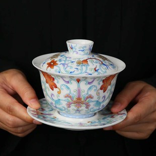 家用泡茶碗敬茶碗高档礼 日本进口MUJ悬停盖碗陶瓷珐琅彩三才中式