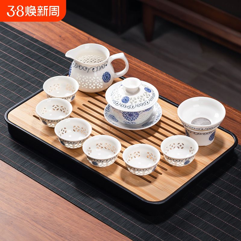 玲珑茶具套装家用青花瓷镂空陶瓷功夫茶具泡茶器茶杯盖碗喝茶