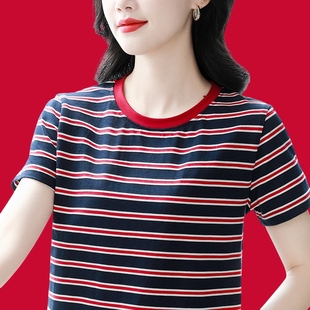 宽松显瘦半袖 中年妈妈夏装 t恤女士大码 新款 圆领条纹上衣 纯棉短袖
