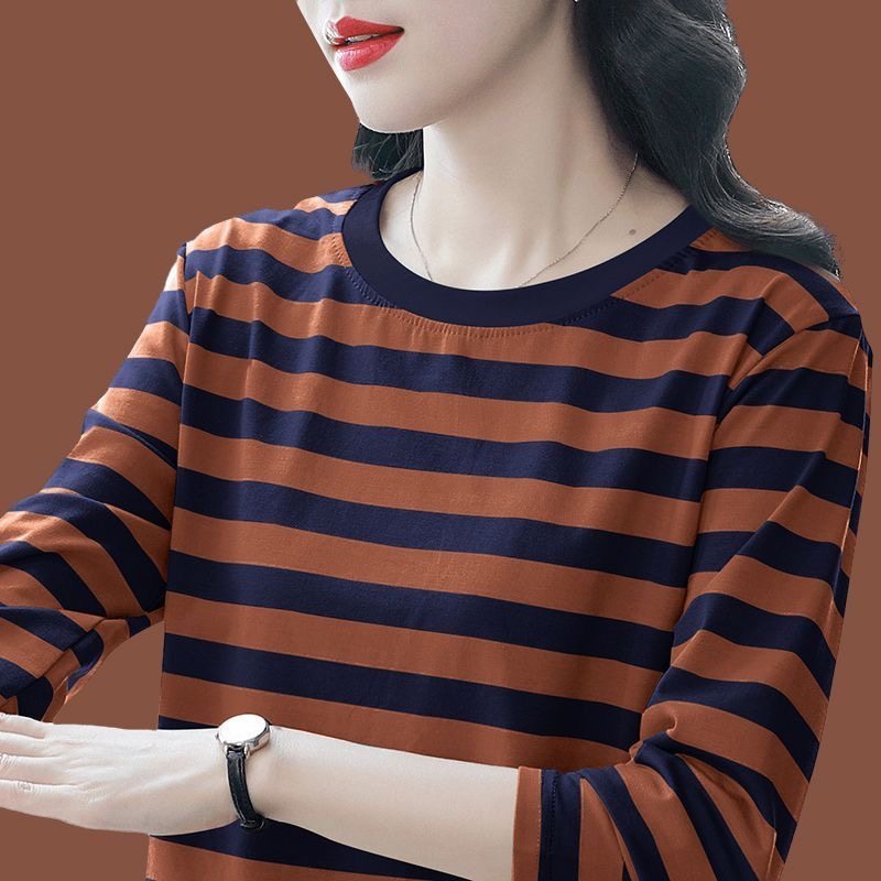 新款纯棉韩版宽松上衣女春秋条纹大码长袖T恤洋气妈妈薄款打底衫