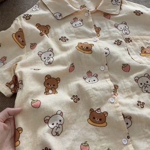 棉花泡泡 家居服女 原创设计A类全棉双层纱草莓轻松熊短袖 睡衣套装