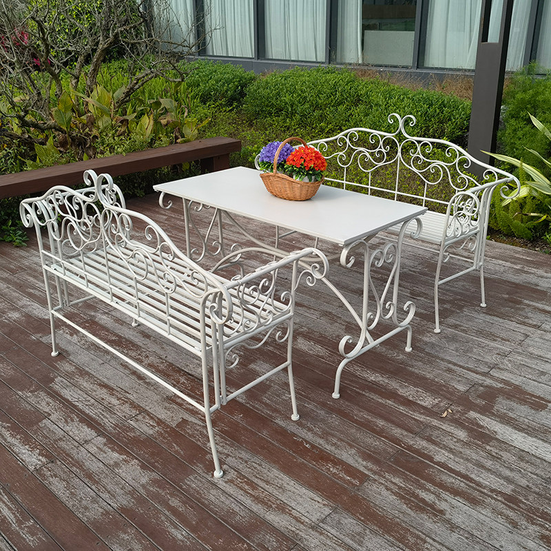 花园铁艺桌椅欧式复古双人靠背椅庭院阳台休闲铁长桌椅子三件套装