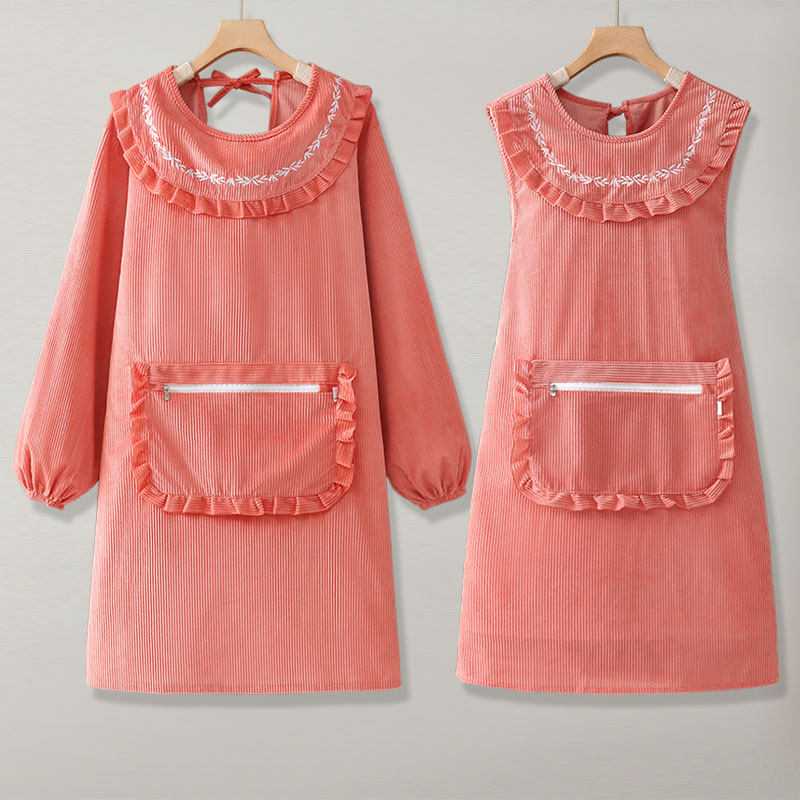 长袖围裙新款荷叶领防油防污厨房餐饮家用工作服珊瑚绒罩衣女网红