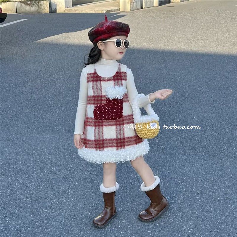 女童夹棉格子背心裙连衣裙2024秋冬新款女孩红色圣诞公主裙生日裙