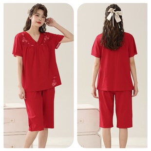 红色睡衣女夏季纯棉短袖七分裤2024新款薄款丝光棉家居服套装结婚
