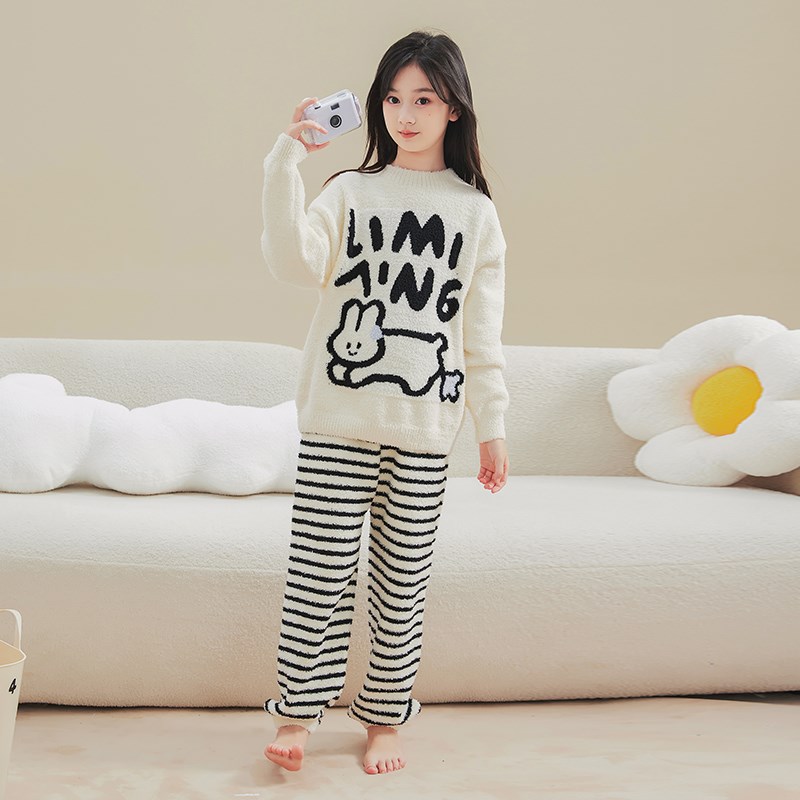 儿童睡衣女秋冬季2024新款女童法兰绒保暖珊瑚绒家居服小女孩套装