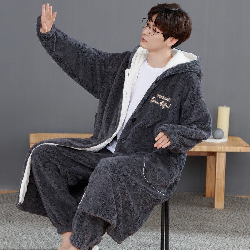 睡衣男秋冬季加厚珊瑚绒长版宽松睡袍加大码胖MM300斤法兰绒套装