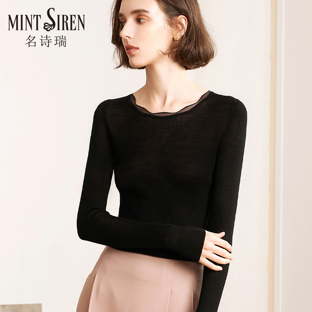 2024春秋新品打底毛衣女黑色低领蕾丝边简约针织衫长袖修身羊毛衫