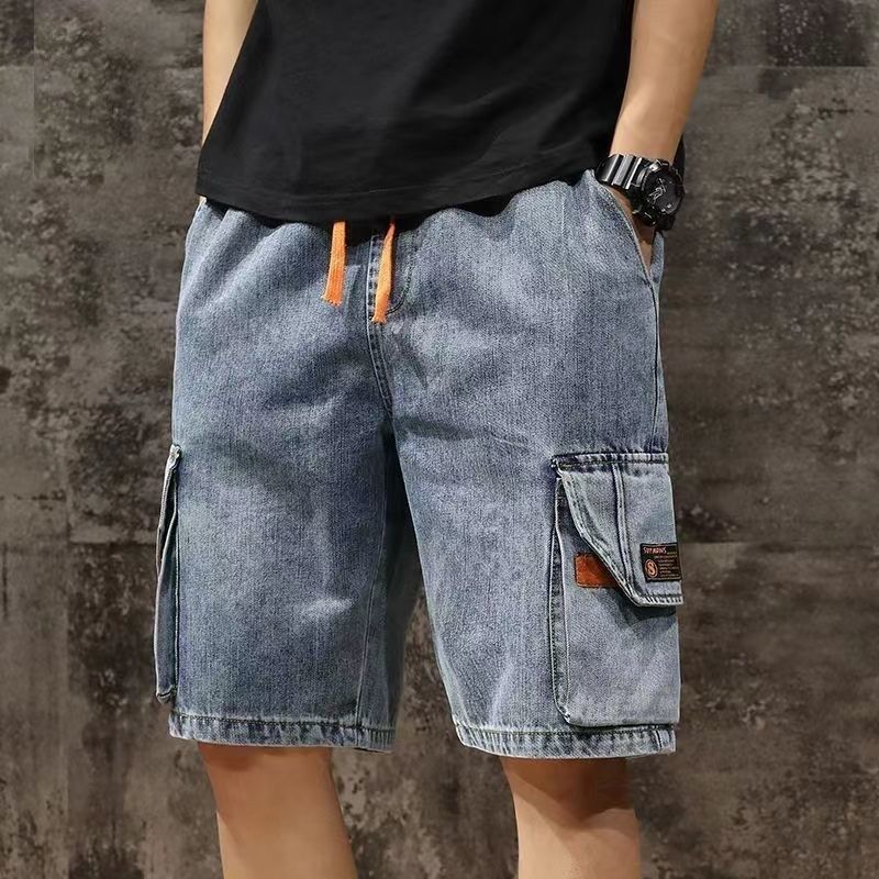 夏季男士宽松直筒牛仔短裤多口袋烟灰色中裤五分裤耐脏磨工装短裤