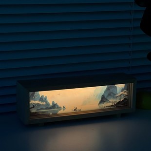 山水风景小夜灯创意生日礼物氛围感床头灯复古台灯充电桌面灯光画
