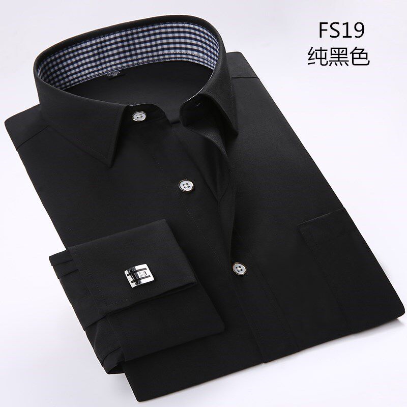 秋季法式衬衫男长袖商务职业正装修身格子领袖扣白衬衣西装寸衫男